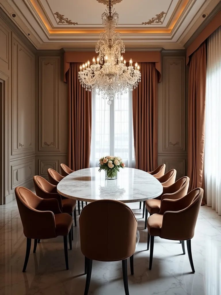 Elegant dining area featuring oval marble table and crystal chandelier