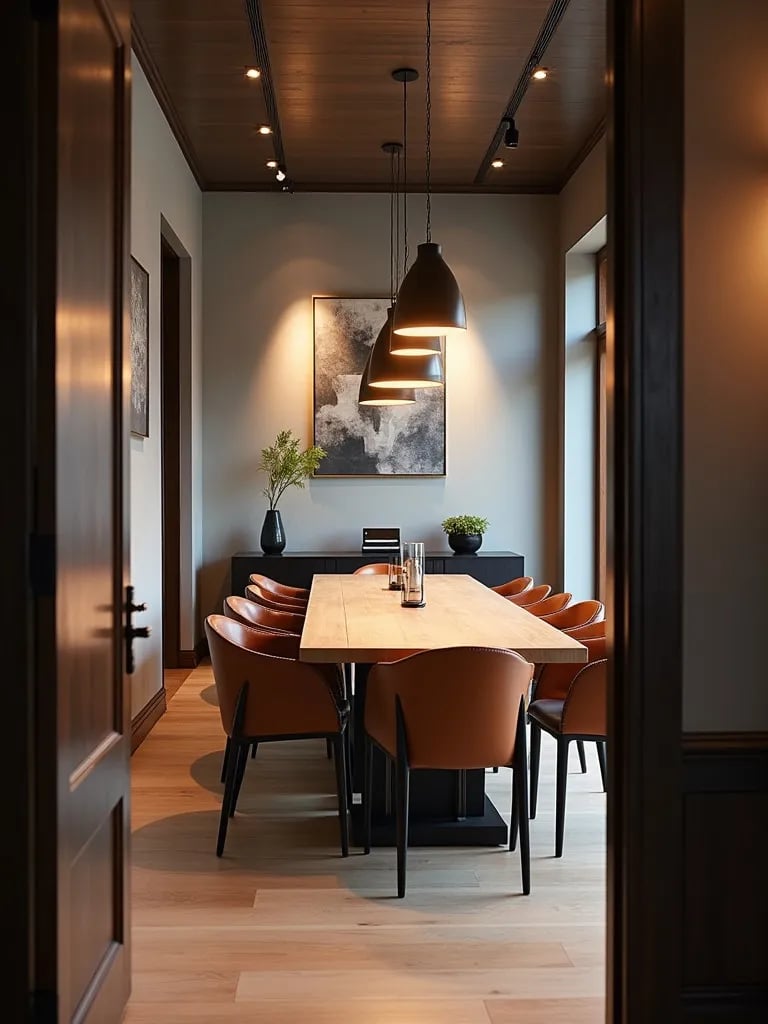 Elegant dining room with long wooden table, leather chairs, and pendant lights