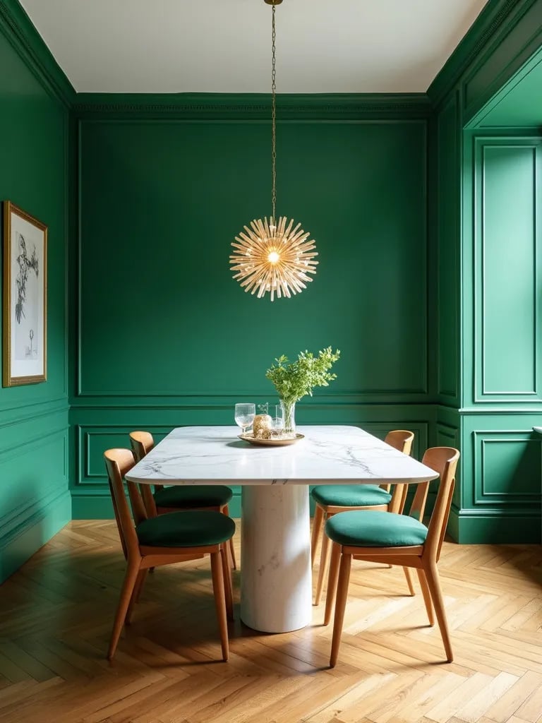 Elegant green dining area with white marble and golden details