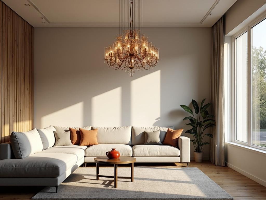 Elegant living area featuring eye catching chandelier and shadow play