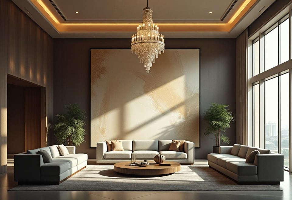 Elegant living area featuring oversized abstract artwork and luxe decor