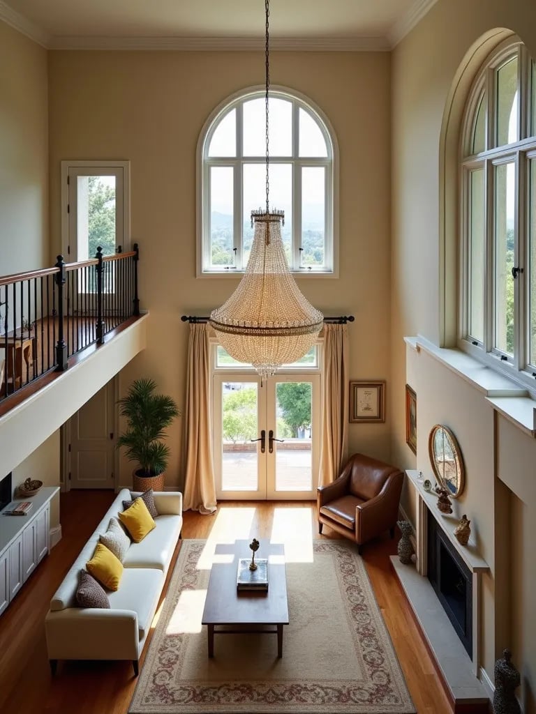 Elegant living area with mezzanine and floor to ceiling arched windows