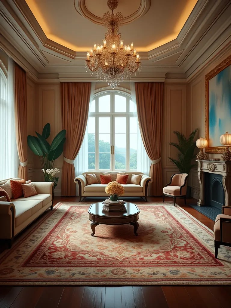 Elegant living room featuring a large, intricate Persian rug