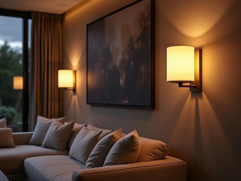 Elegant living room featuring brass wall sconces and textured walls