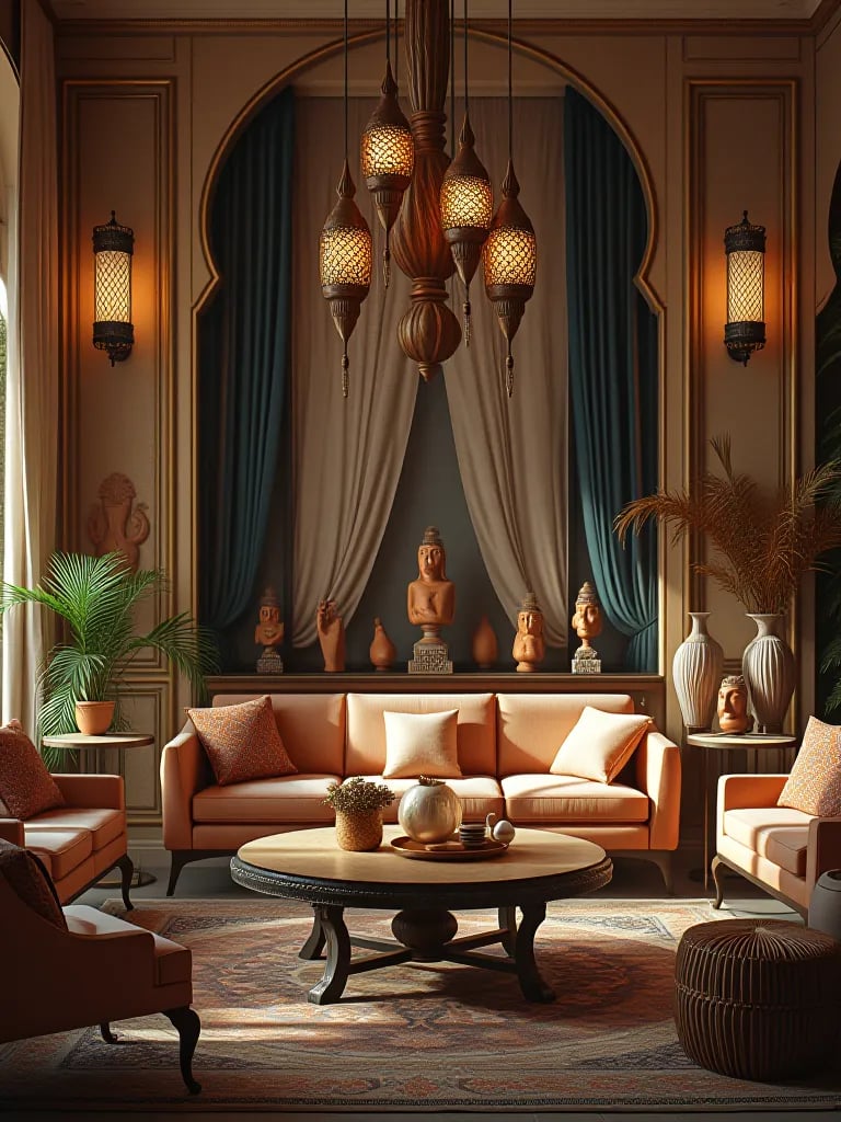 Elegant living room featuring luxury decor from around the world