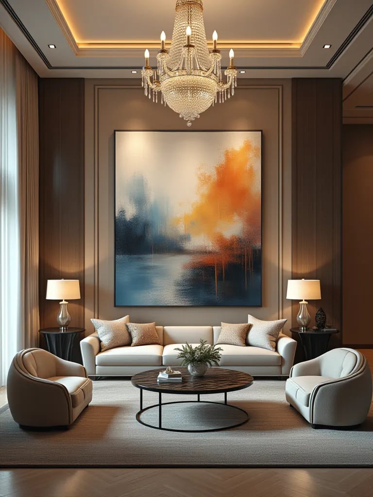 Elegant living room featuring prominent abstract artwork and luxurious lighting