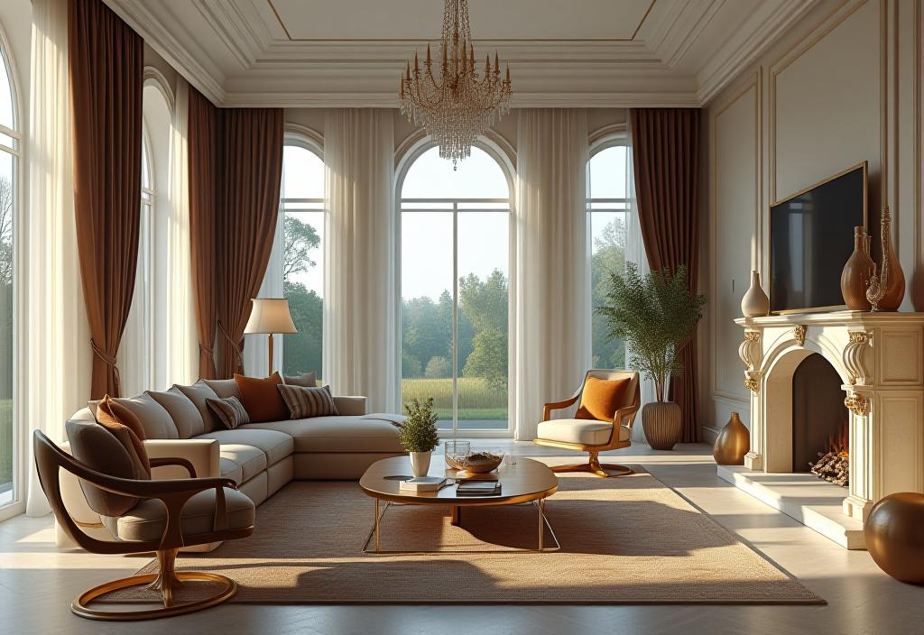 Elegant living room with floor to ceiling windows and custom draperies