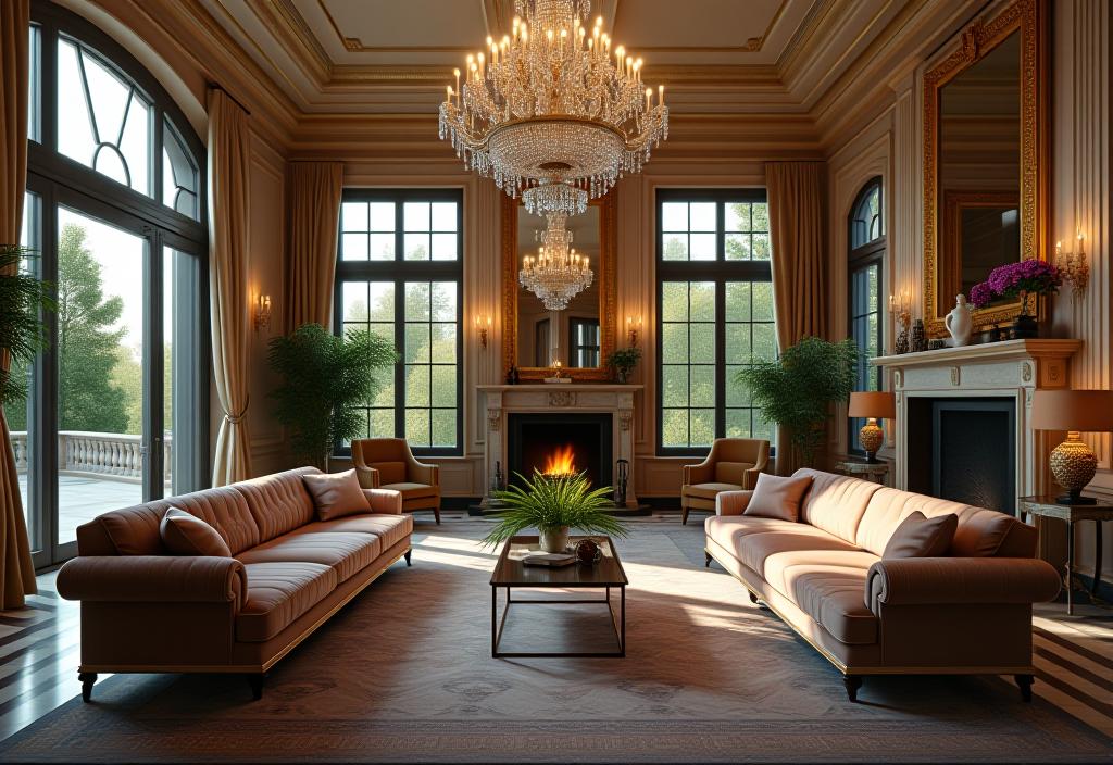 Elegant living room with gold accents, high ceilings, and garden view