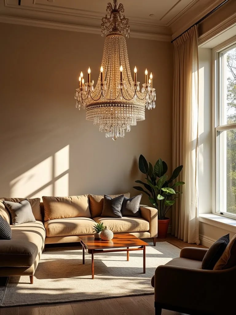 Elegant living room with grand crystal chandelier creating intricate light patterns