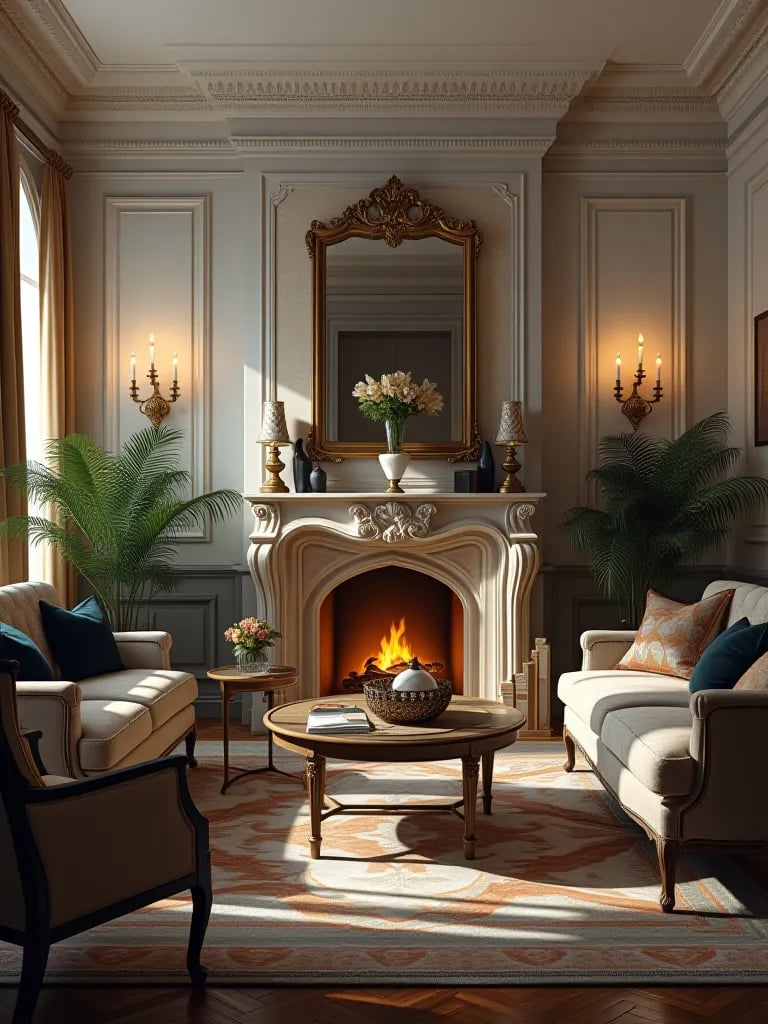 Elegant living room with marble fireplace and mixed modern antique furniture