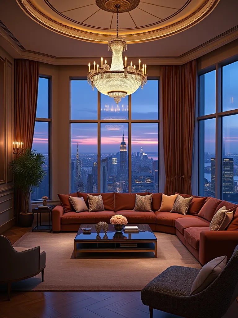 Elegant living room with plush furniture and panoramic city view at dusk
