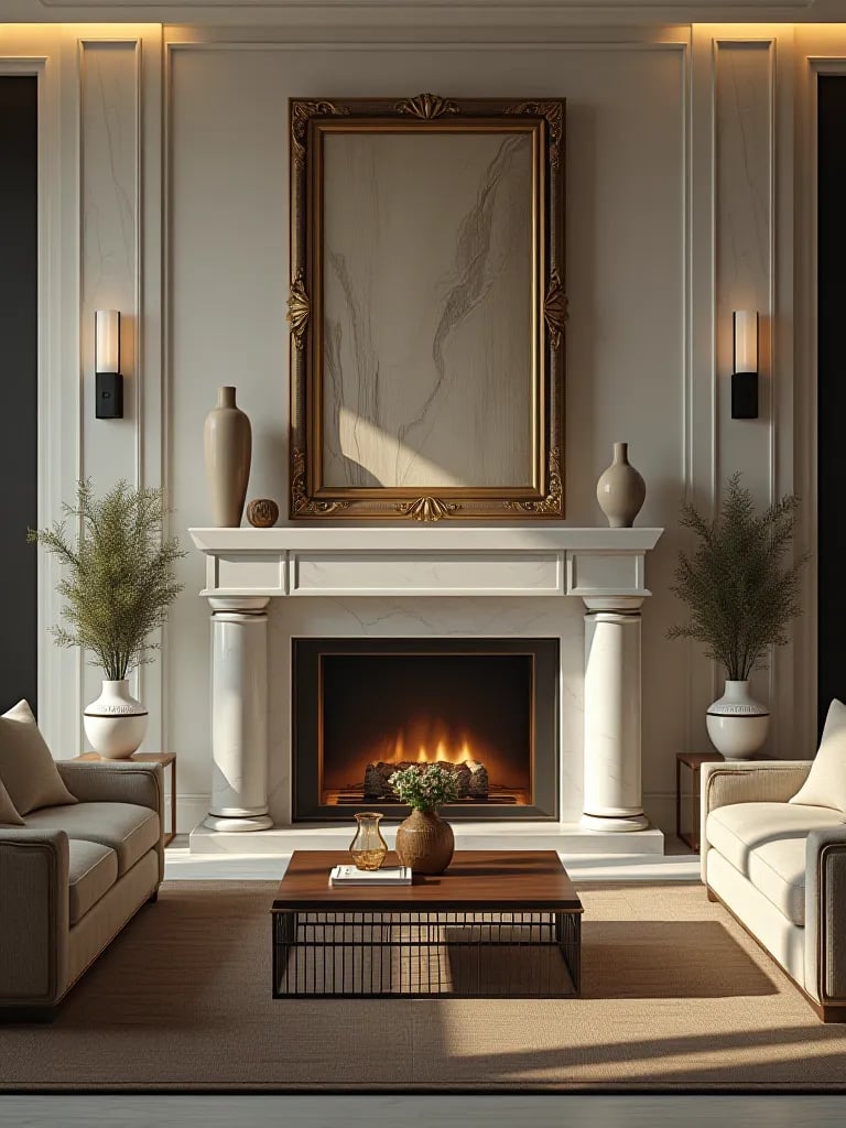 Elegant living room with styled marble fireplace and luxury decor