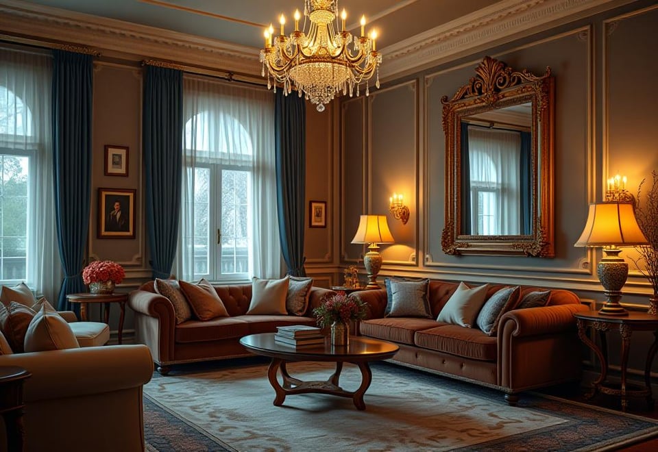 Elegant living room with velvet sofa, chandelier, and gold mirror in warm lighting