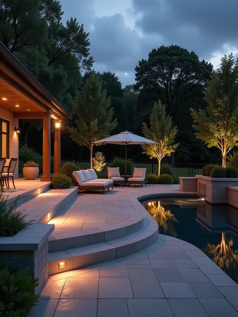 Elegant multi level patio combining concrete and stone with water feature and modern furniture