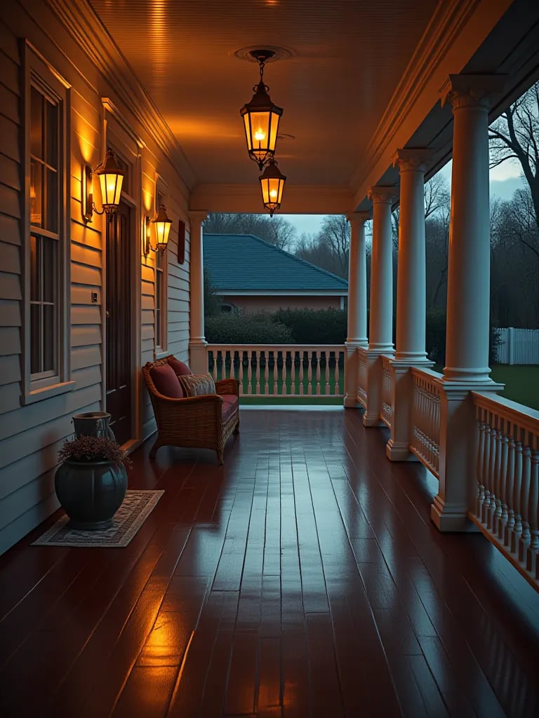 Elegant porch with dark wood floor and white railings in evening light