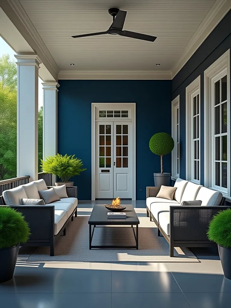 Elegant porch with sage green walls, white trim, and modern rocking chairs