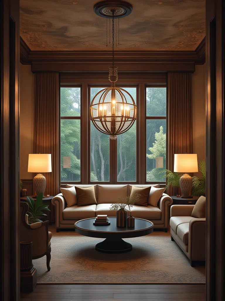 Elegant rustic living area with large orb chandelier and warm ambient lighting