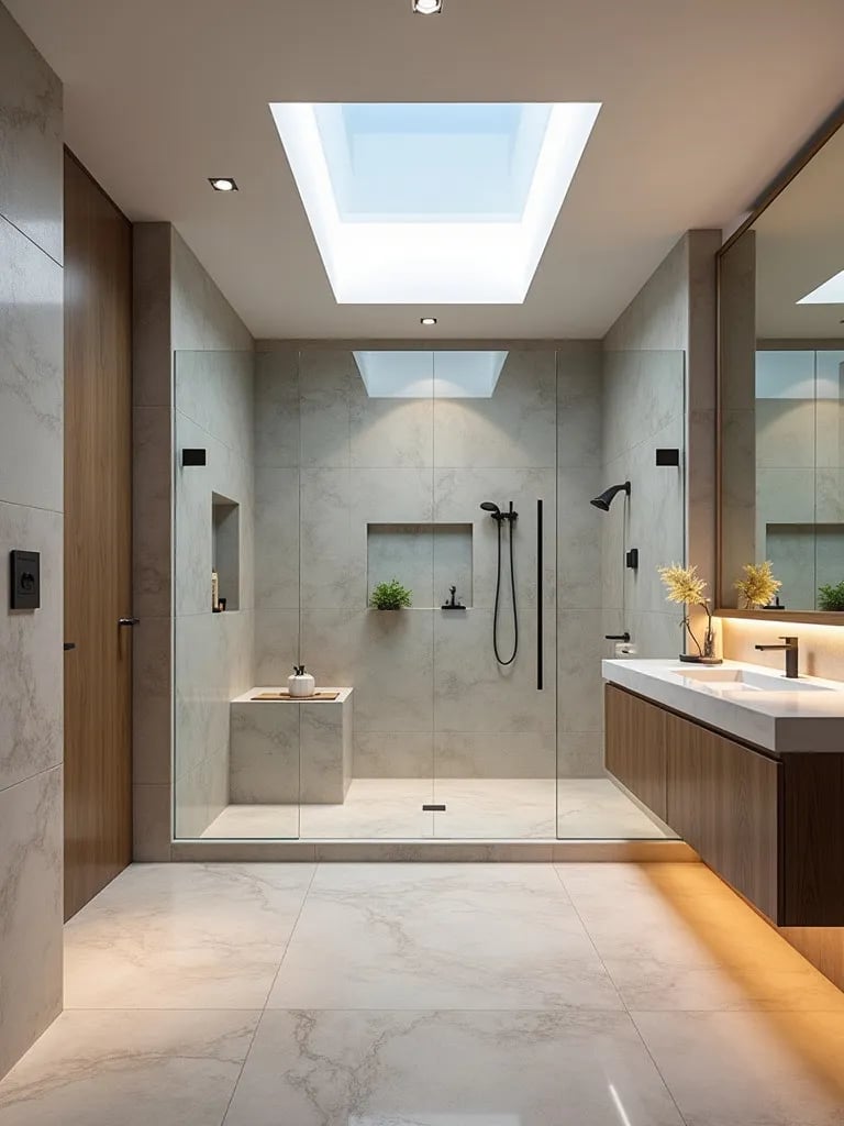 Elegant walk in shower with glass walls and natural stone tiles