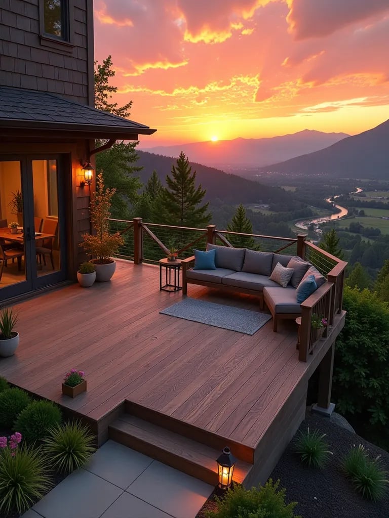 Elevated composite deck patio with built in seating and planters overlooking scenic sunset