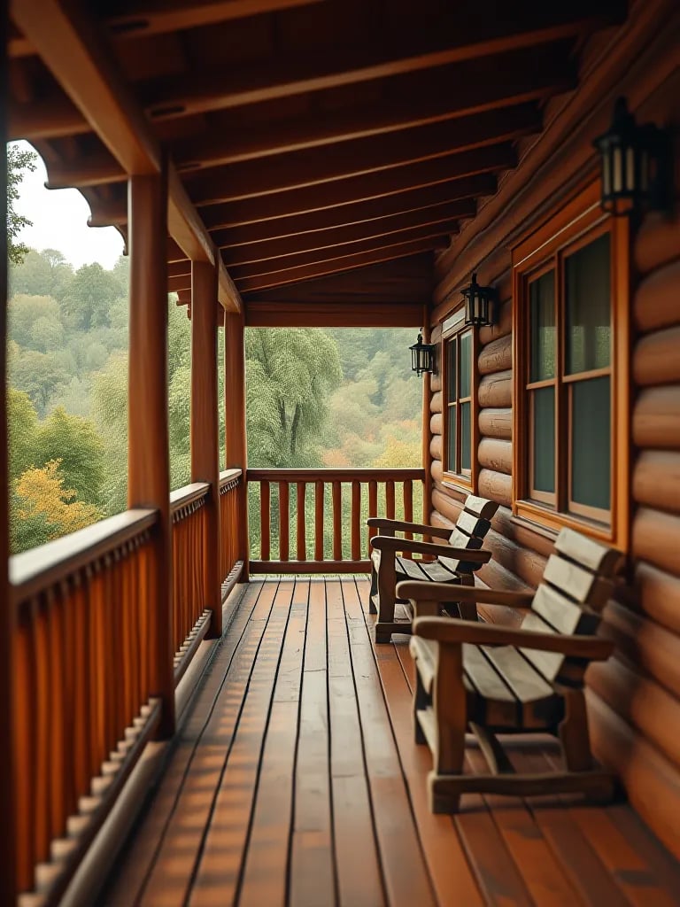 Elevated view of brown painted cabin porch surrounded by fall colors
