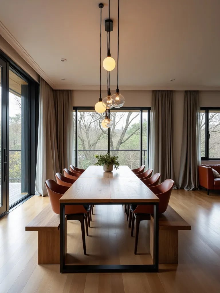 Elongated dining room with long wooden table and linear chandelier