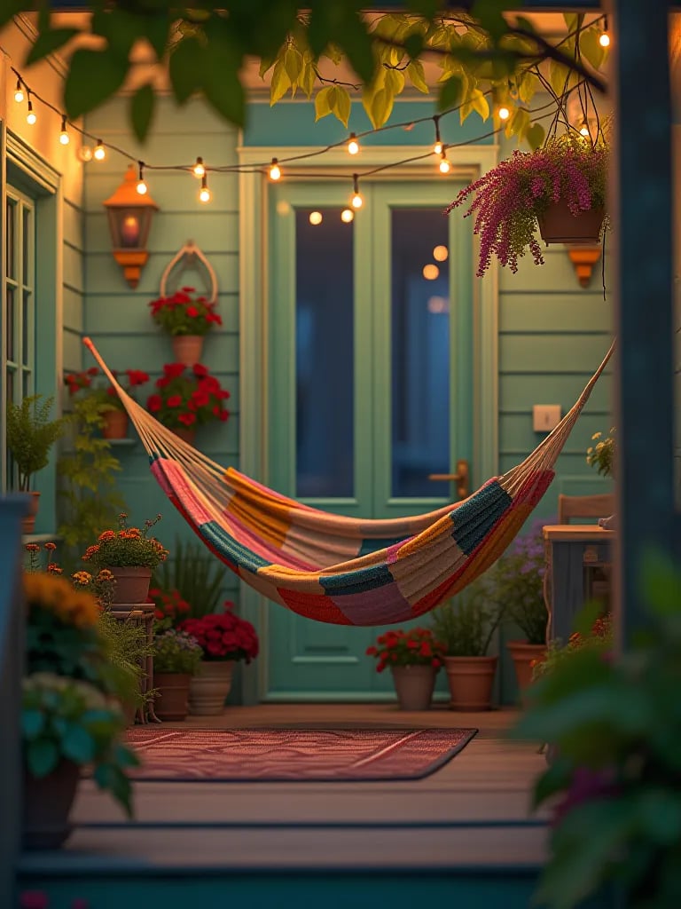 Enchanting mint green porch with eclectic decor and soft lighting