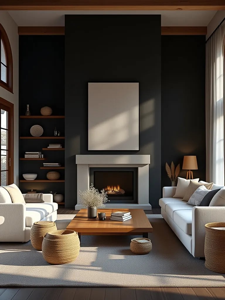 Evening lit farmhouse living room with dramatic black wall and white furniture