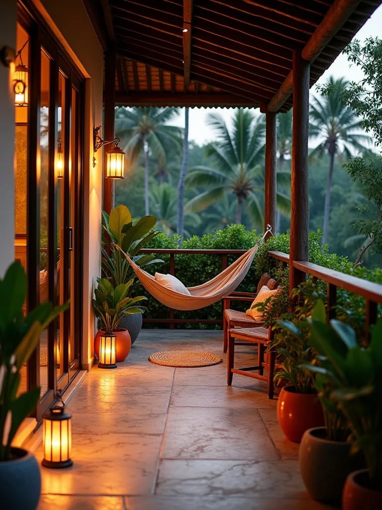 Exotic balcony featuring stone tile flooring and tropical decor