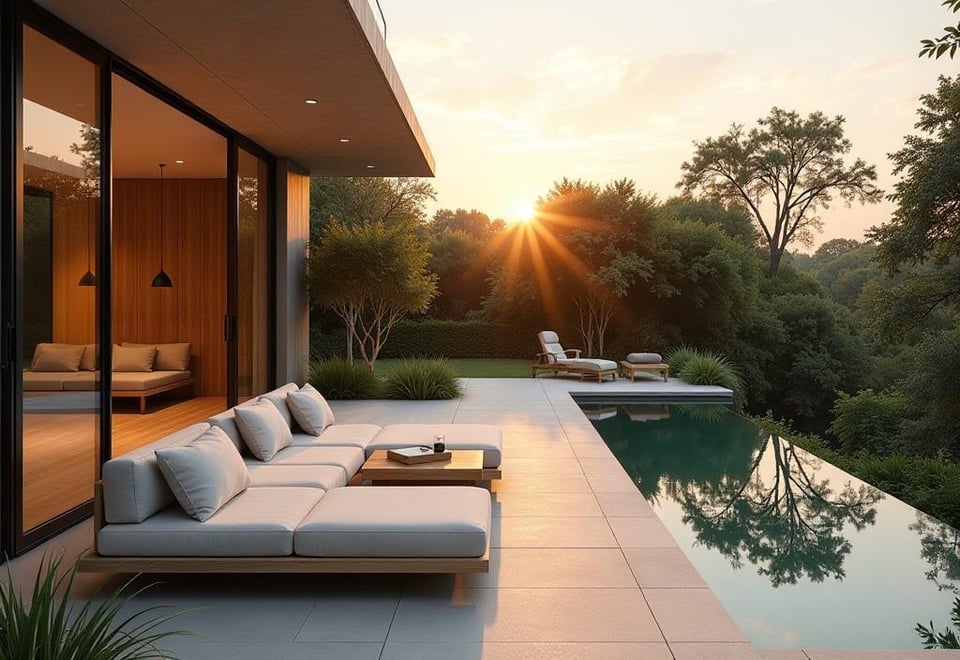 Expansive modern patio with indoor outdoor flow and water feature in golden light