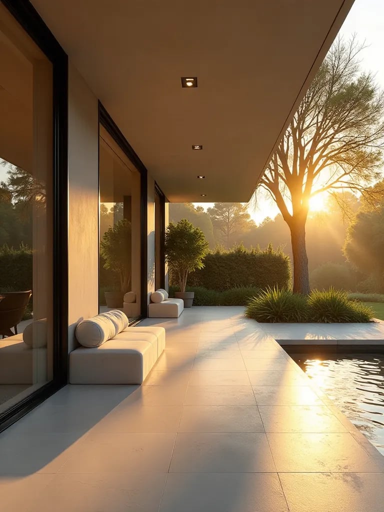 Expansive modern patio with indoor outdoor flow bathed in golden hour light