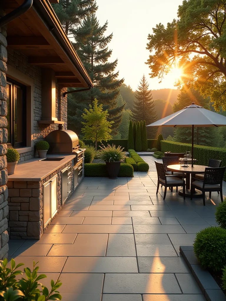 Expansive patio with gourmet outdoor kitchen and landscaped surroundings