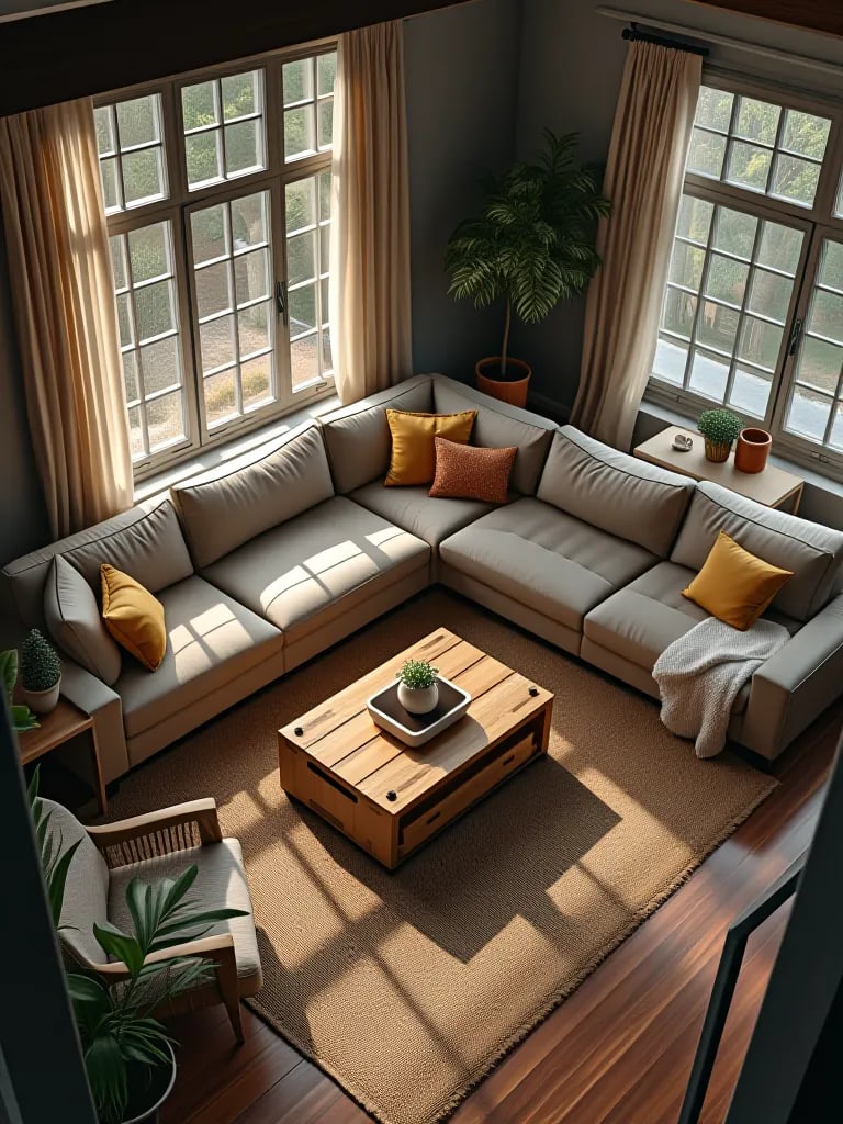 Farmhouse living room with large sectional and wooden crate coffee table