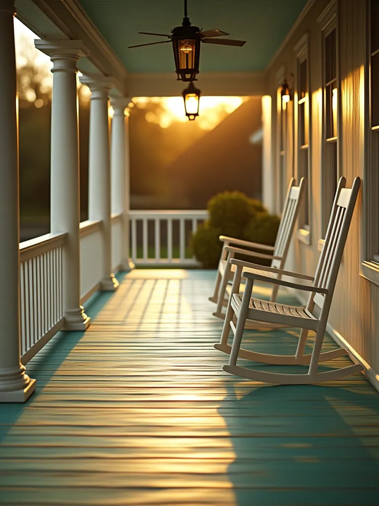 Farmhouse porch with mint green floor and white rocking chairs at sunset