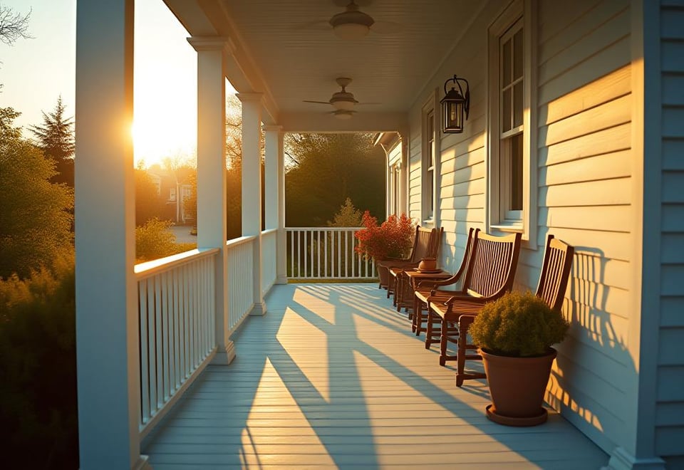 Farmhouse porch with white railings and light blue floor in sunset light