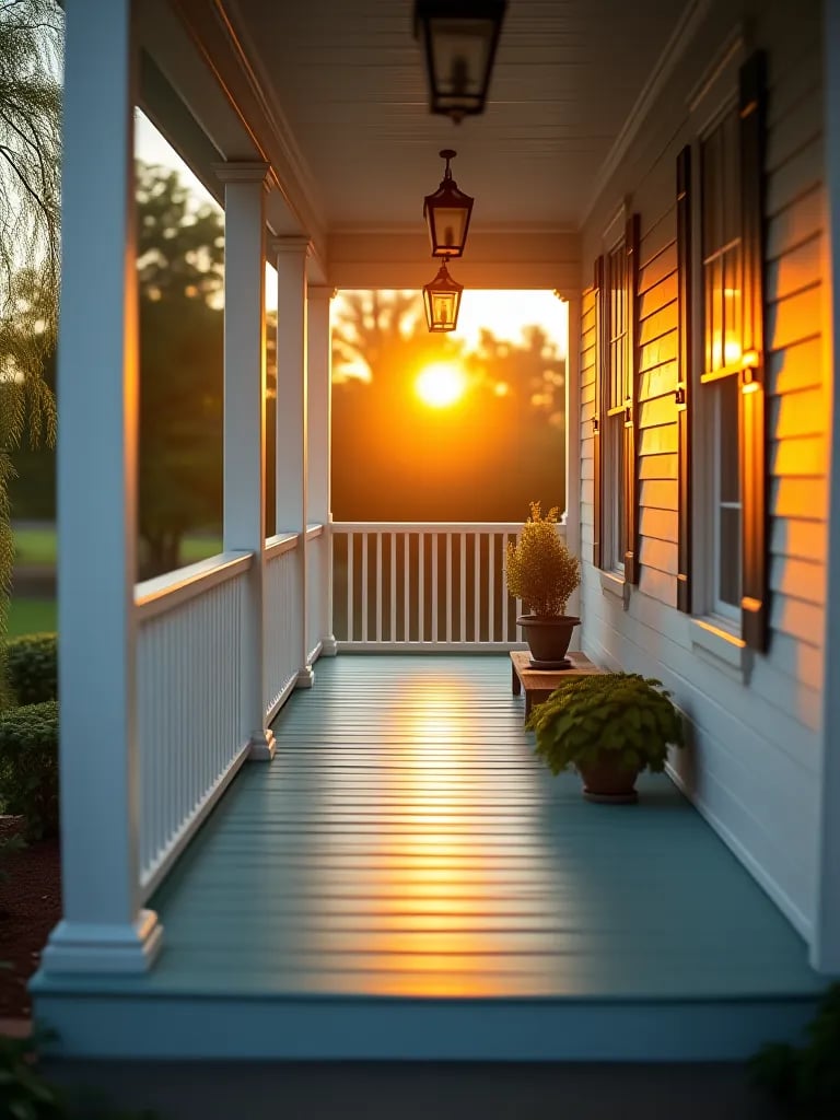 Farmhouse porch with white railings and light blue floor in sunset light