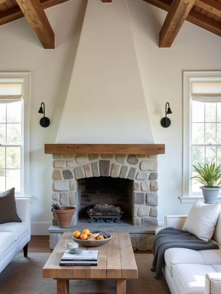 Farmhouse style living area featuring iron gooseneck sconces on whitewashed walls