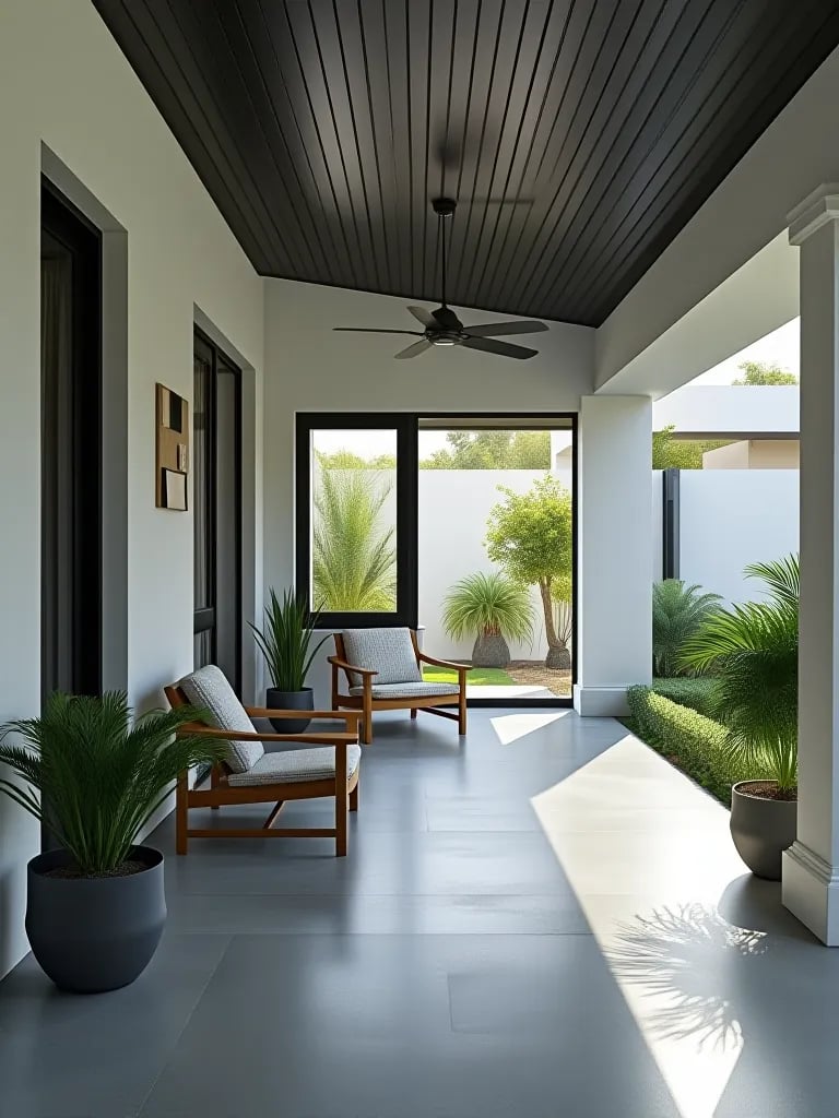 Farmhouse style porch with warm gray floors and minimalist black fixtures