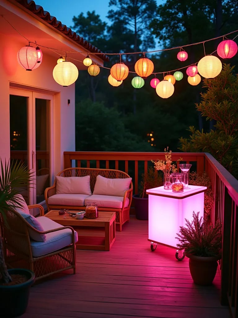 Festive balcony with colorful lanterns, illuminated furniture, and bar cart