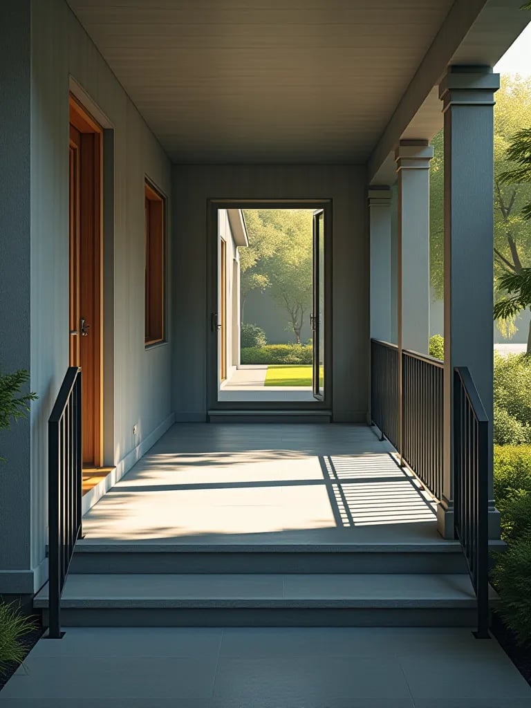 Freshly painted farmhouse porch with white railings and blue floor at sunset