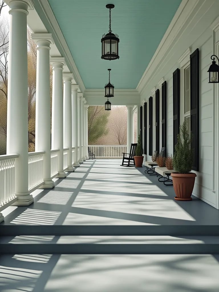 Freshly painted screened porch with soft green floor and white trim, lush garden beyond