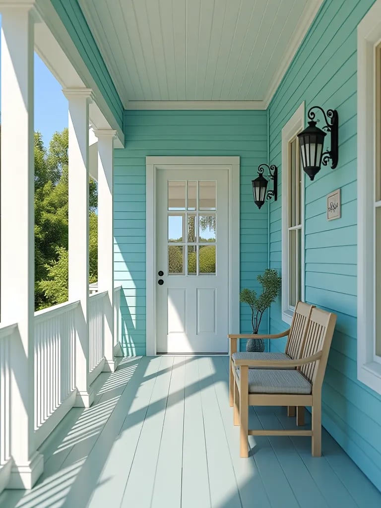 Freshly stained cabin porch floor with weathered railings in pine forest