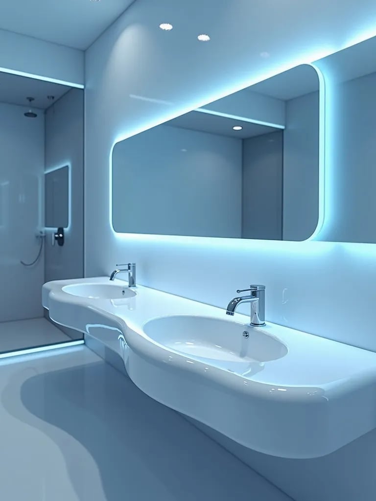 Futuristic bathroom with curved white vanity and blue ambient lighting