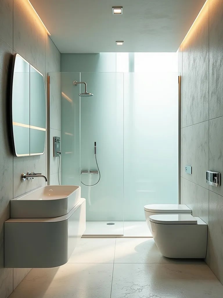 Futuristic bathroom with energy generating floor and mist shower