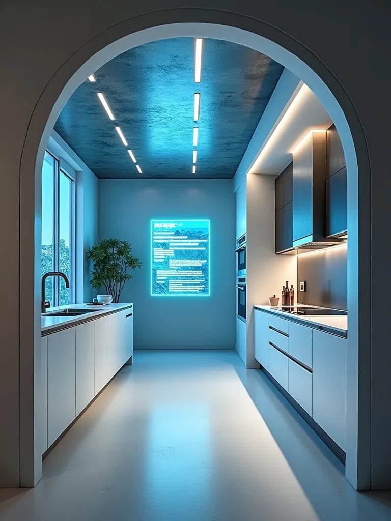 Futuristic kitchen with smart appliances and holographic recipe display