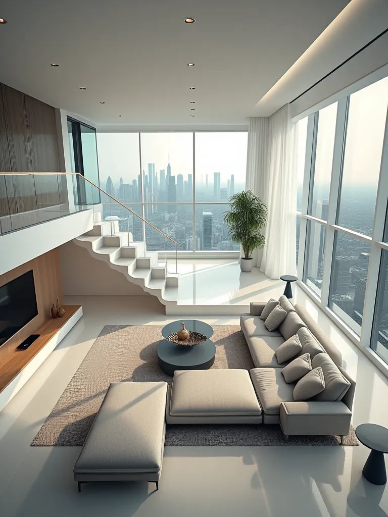 Futuristic luxury penthouse living room with floating staircase and city views