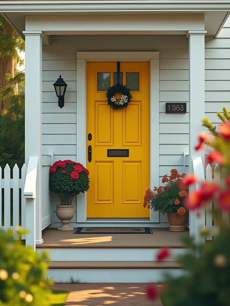 Garden view of white porch with bright yellow door and blooming flowers