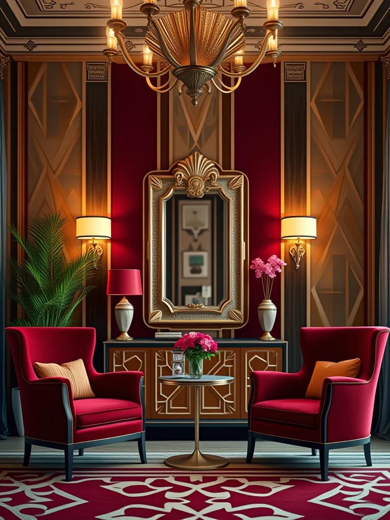 Glamorous Art Deco living room featuring sunburst mirror and velvet armchairs