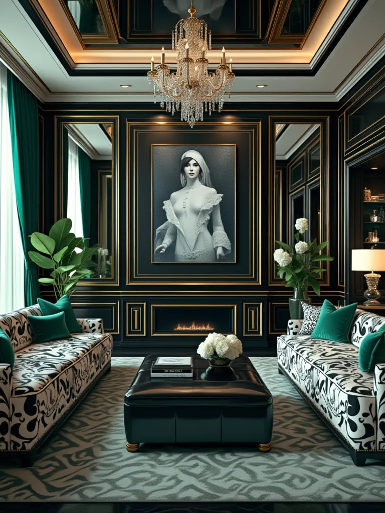 Glamorous Hollywood Regency living room with black and white patterns and emerald accents
