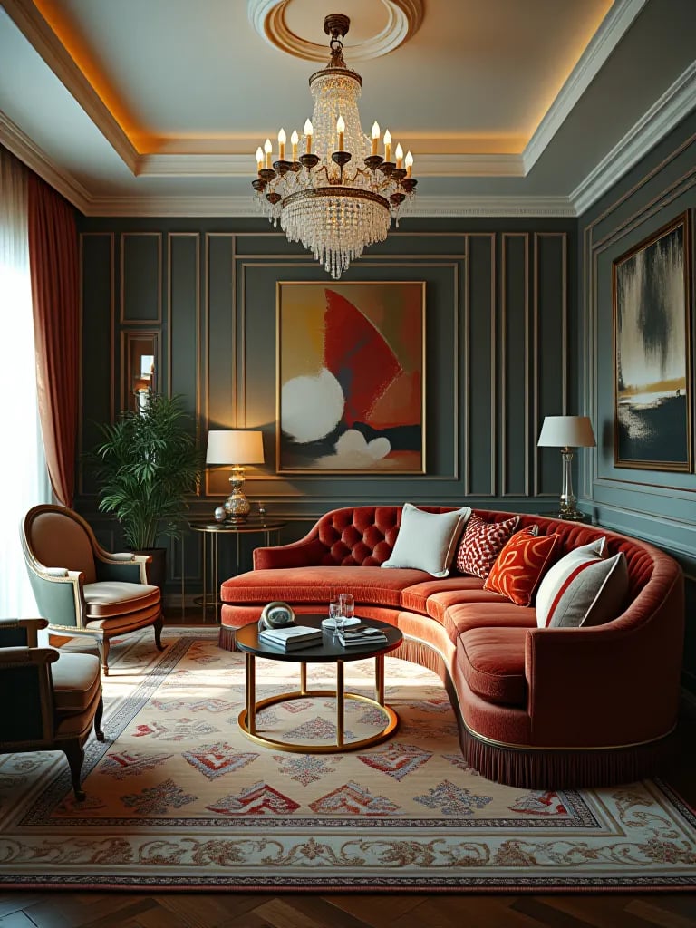 Glamorous Hollywood Regency living room with curved sofa and crystal chandelier