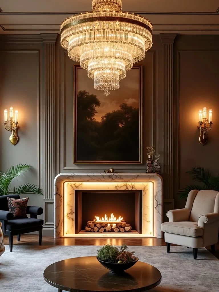 Glamorous art deco living room with crystal chandelier and gilded sconces